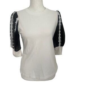 Gracia Womens Cream Knit Top Black Sheer Lace Trim Puff Sleeve Size Medium